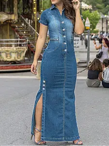 Women's Minimalist  Button Split Hem Dark Wash Denim Dress, Casual Short Sleeve Collared Long Denim Dress for Summer, Ladies Clothes for Daily Wear