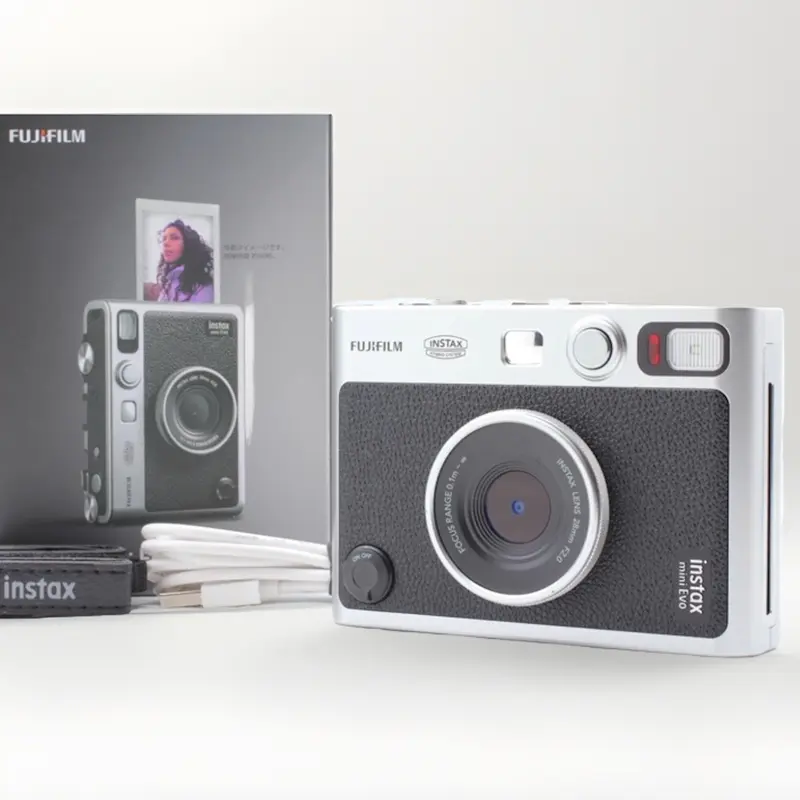 Fujifilm Instax Mini Evo Hybrid Instant Camera - Black, Compact and Portable, USB, New Open Box Condition, Timer, Versatile, Instax Mini Format, Built-in Flash, Auto Focus, Original Accessories Photographic Kit