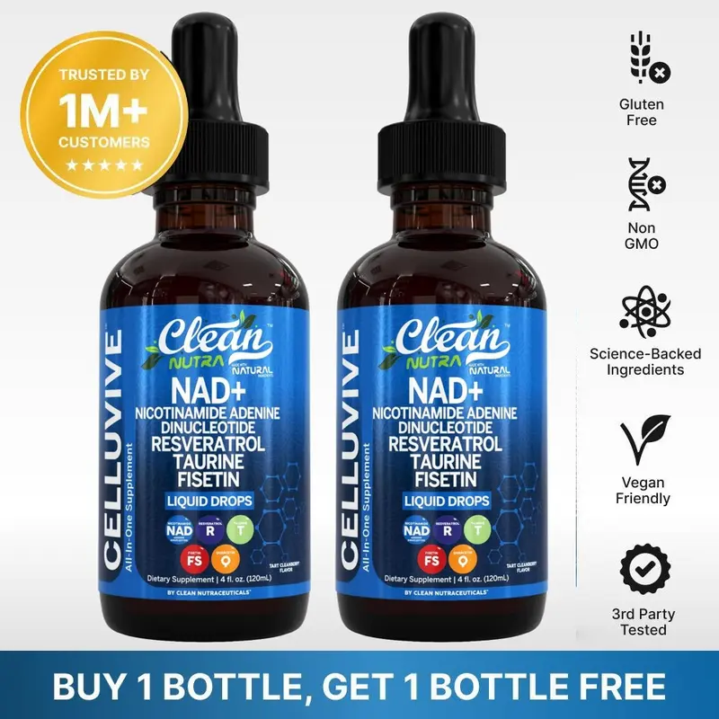 Clean Nutra BOGO | NAD+, Nicotinamide Adenine Dinucleotide, Resveratrol, Taurine & Fisetin for Cellular Energy & Aging Longevity Supplement Liquid Drops – Celluvive