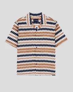 Brooklyn Cloth Zig Zag Jacquard Camp Shirt for Men, Retro Textured Short Sleeve Button Up Shirt with Camp Collar, Relaxed Fit, Straight Hem, Casual Vacation and Streetwear Style