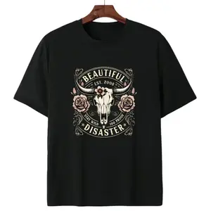 [Unisex]Women's Western Cowboy Graphic T-Shirt - Black Short Sleeve Crew Neck Top with Bull Skull & Floral Design, "" Vintage 2008 Text, Casual Spring/Summer Tee for Outdoor & Casual Attire