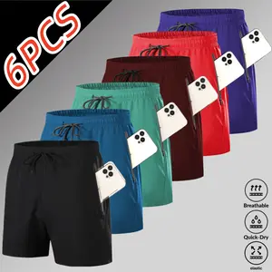 6-pack men’s quick-dry athletic shorts, ice silk breathable fabric, elastic waistband that fits comfortably without chafing, zippered pockets for safety and practicality, multi-color, versatile casual outdoor shorts for everyday wear