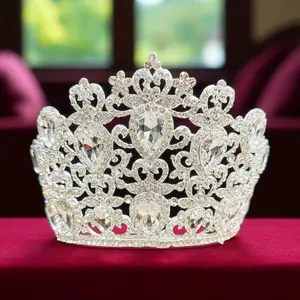 Large Crown with Comb Wedding Tiara for Bridal Royal Princess Quinceanera Clear Crystal Rhinestones Silver Gold Plated 7 Inches Wide 5 Inches Height Perfect for Party Festivals Cosplay