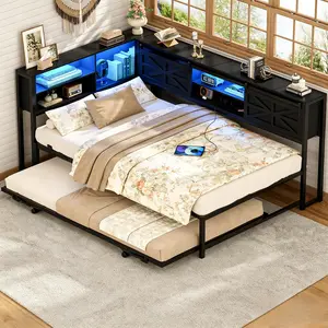 Farmhouse Corner Bed Frame with LED & Charging Station, Reversible Metal Twin Daybed with Trundle, Farmhouse Platform Bed Frame with Bookcase Storage for Bedroom, Living Room
