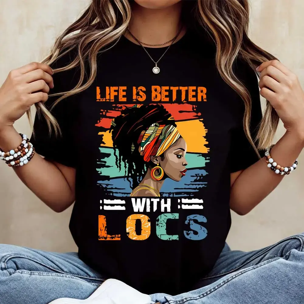 Women Casual T-Shirt White Life Is Better With Locs African American Woman Vintage Graphic Print For Everyday Wear