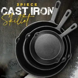 3-Piece Black Cast Iron Skillet Set – Pre-Seasoned Frying Pans (6" , 8" , 10") – Oven, Stove, Grill, Campfire Safe – Easy to UseFFApexActive6