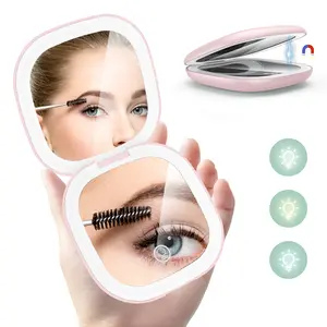 Travel Makeup Mirror with Light, 1X/5X Magnification LED Compact Mirror with Touch control,three-color lighting,Portable,Folding,Mini Mirror for Purse,Pocket,Travel and Gift