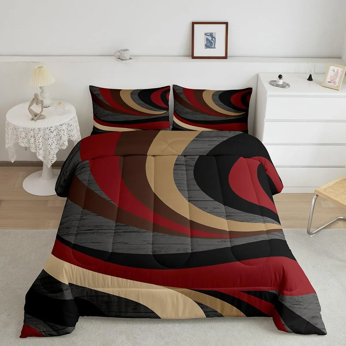 Feelyou Burgundy Red Twin Size Striped Geometric Bed Cover Set - Decorative, Breathable Grey & Black Duvet, 1 Pillowcase, Digital Print, Machine Washable (Queen Compatible Option), Stripes