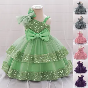 Pink Baby Girls Clothes 195 Sequins Tulle Bow infant Birthday Cocktail Dress Toddler Pageant Newborn Ball Gown Princess Baptism Frock 6M-3Y