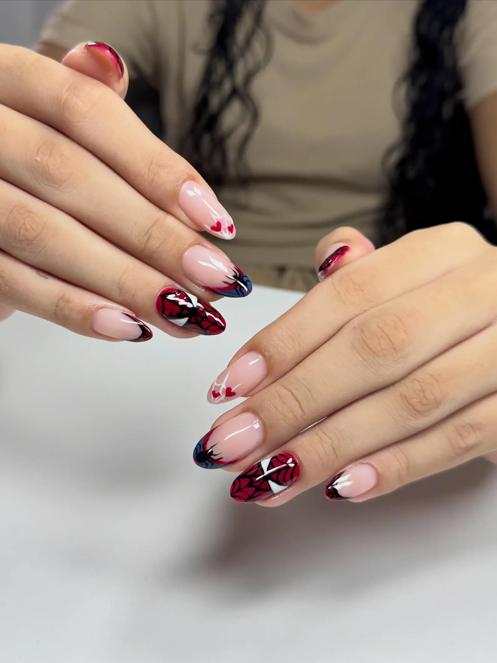 Red Blue Web Press-On Nails, Medium Almond Fake Nails with Graphic Mask Art, Heart Details and Glossy French Tips