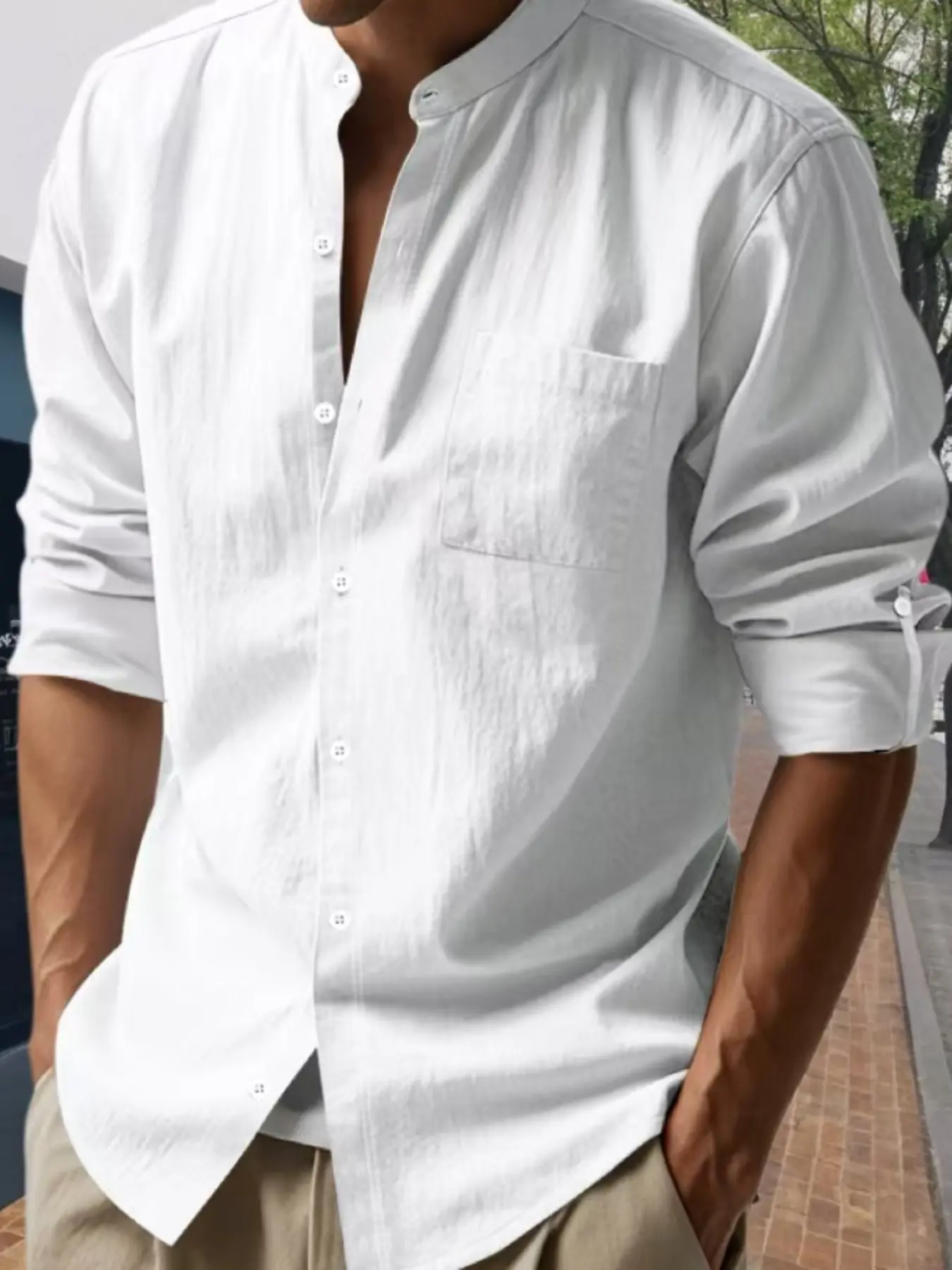 Men's plain cotton button-down shirt, summer casual regular-fit long sleeves breathable Linen Henry collar top, basic men's shirt, casual outerwear, summer men's shirt, Classic, gift for father, Menswear