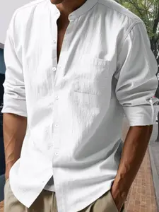 Men's plain cotton button-down shirt, summer casual regular-fit long sleeves breathable Linen Henry collar top, minimalist basic men's shirt, casual outerwear, summer men's shirt, streetwear men's summer clothing, men's clothing, gift for father