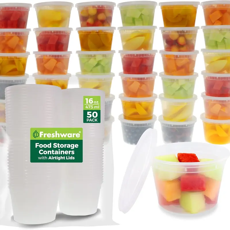 FRESHWARE 16 oz Round Stackable Storage Containers (50 Set) - BPA-Free Food Grade PP, Reusable Airtight Waterproof, Leakproof, Durable, Removable Lid, Microwave & Freezer Safe, Portable for Gym Work Kitchen Gadgets Fridge Organization