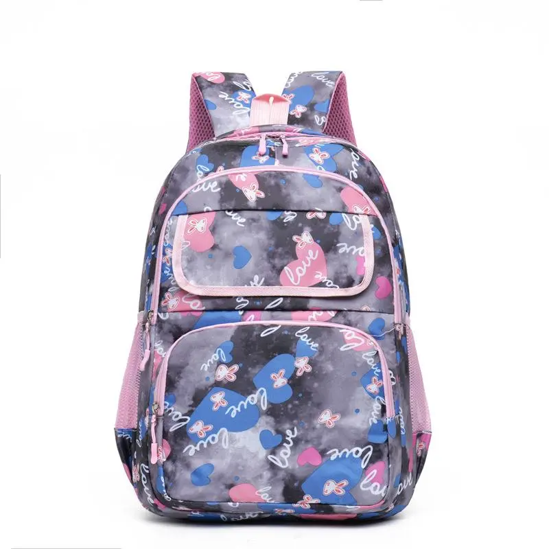 Pink Blue Heart Bunny Tie Dye Print Girls Backpack, Cute Love Letter Aesthetic Lightweight Student Laptop Daypack