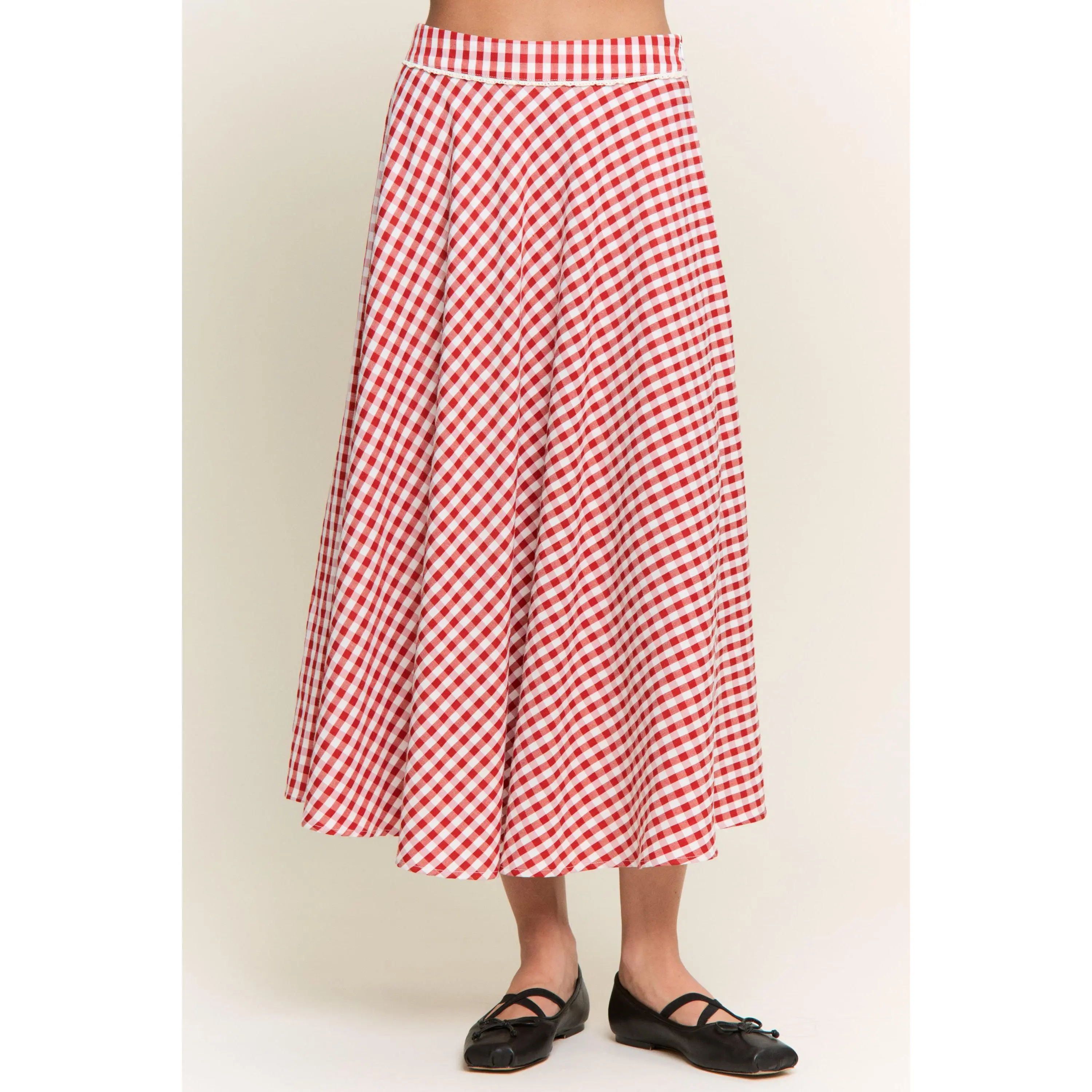 Women's Plaid A-Line Skirt, Polyester-Cotton Blend Fabric, Lace Accent, Hand Wash Only