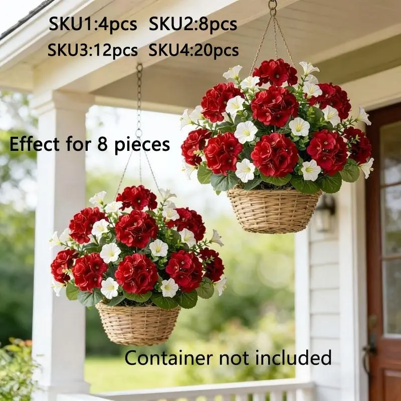 Red geraniums and white morning glories, outdoor artificial flowers, Decorative Flowers, suitable for courtyard decoration, home decoration, porch decoration, Easter