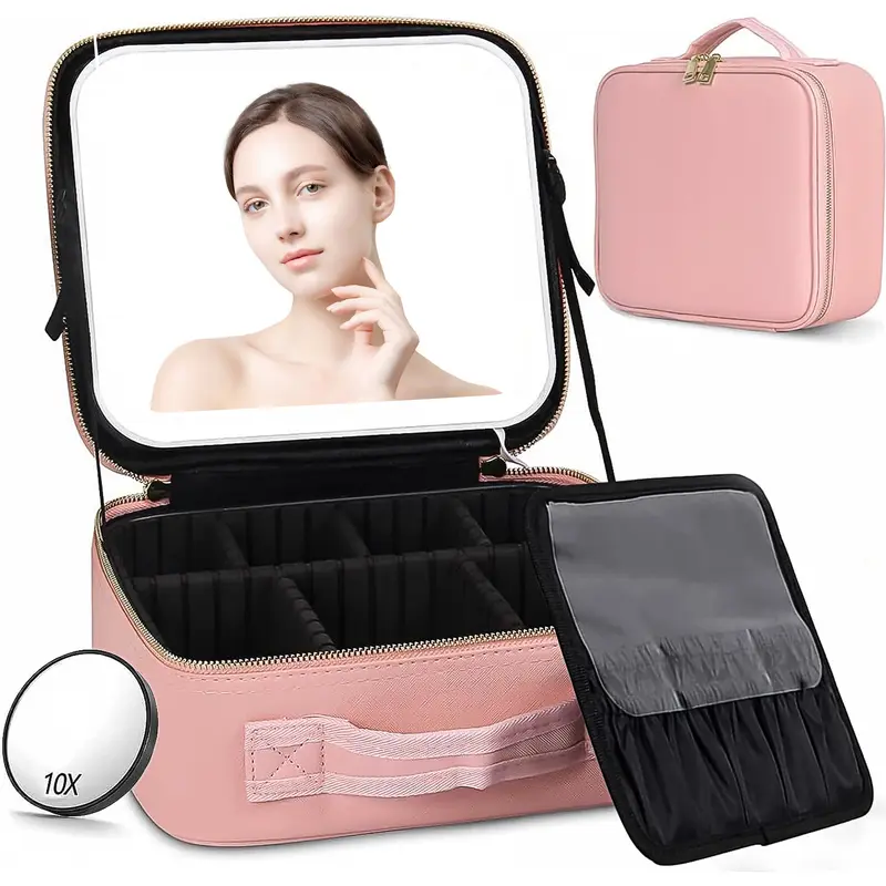 Women's Travel Makeup Bag Set - Portable Zip Travel Cosmetic Bags with Built-in Mirror Light, 3 Lighting Modes, Batteries Built-in, Removable Adjustable Dividers, 10 Brush Slots, 10.2x8.7x4.4 inches Storage Case