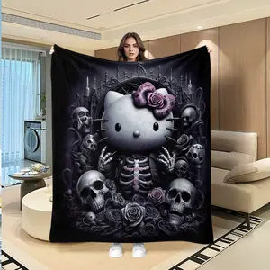 Gothic Hello Kitty Flannel Blanket, Creative Digital Print, Thanksgiving, Valentine's Day, Christmas Gift, Multi-Purpose Throw, Soft Comfy Blanket