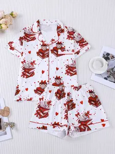 2pcs Valentine's Day Pajama Set for Women, Heart & Book Print, Notched Collar Button-Up Fitted Top with Pocket & Elastic Waist Shorts, Soft Milk Silk Sleepwear for Home and Sleep