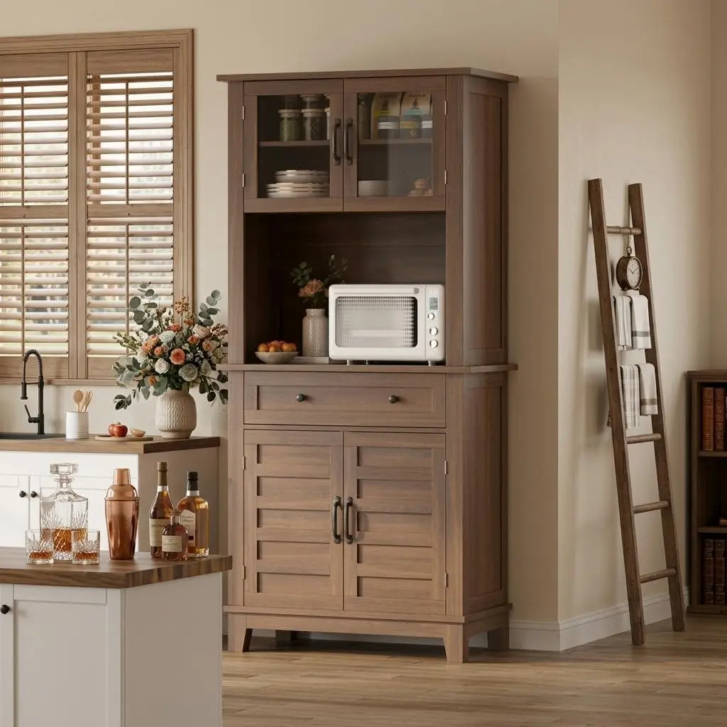 Garvee 72" Kitchen Pantry Storage Cabinet with Storage Drawers – 2 Glass Doors, Wooden Buffet Hutch, Locking Multi-Door Design for Kitchen, Dining Room, Living Room