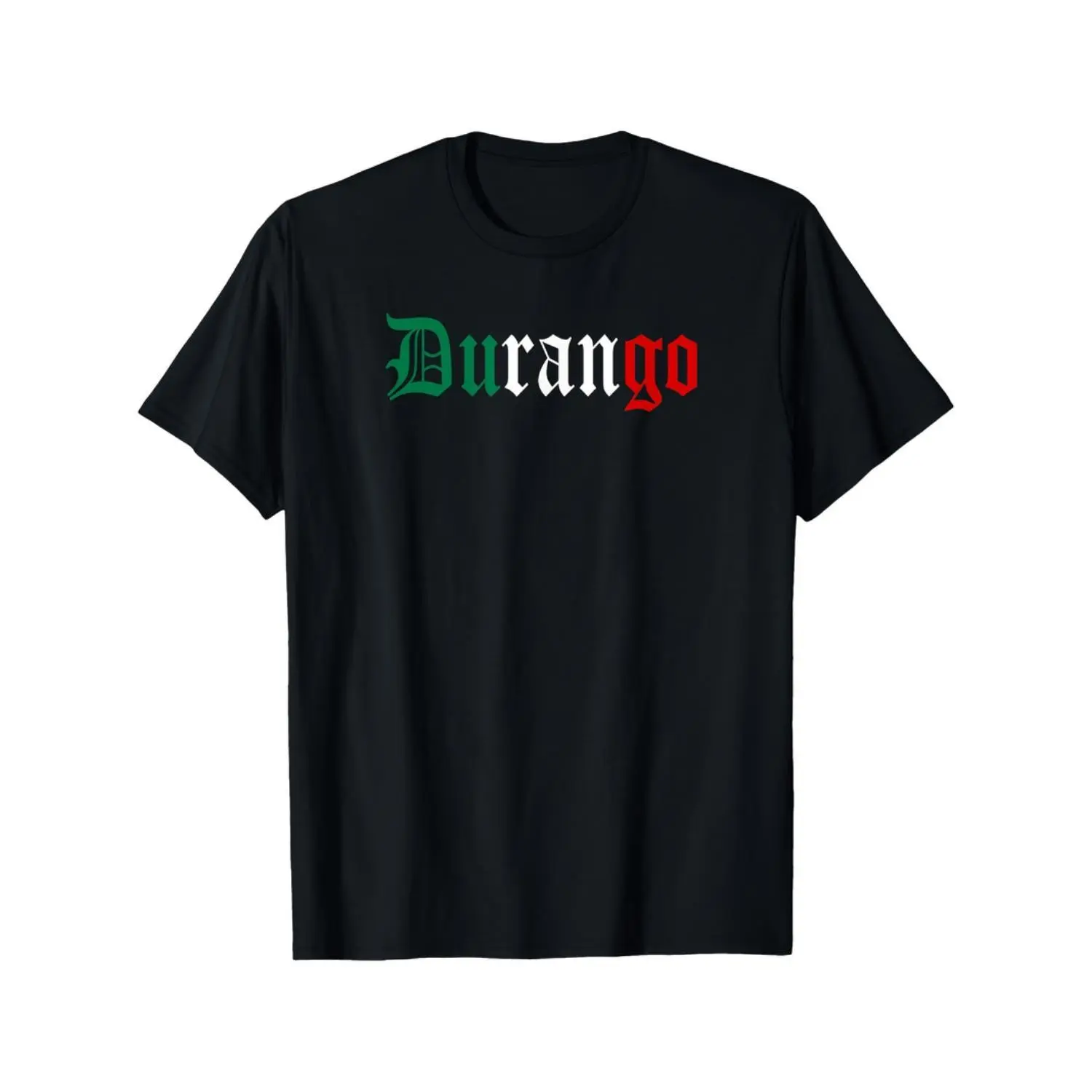 Menswear Short-Sleeve Round Neck Cotton T-Shirt - Durango Mexico Graphic, Heavyweight Black Fabric, Vibrant Red & Green Lettering, Durango State Design, Casual/Streetwear Top, Adult Sizes