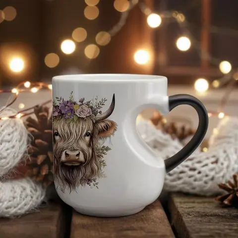 1 Pc Scottish Highland Cow Magical Mug with Heart-Shaped Handle & Scottish Cow Design, Ceramic Tea Coffee Cup, Hand-Wash-Only Novelty Coffee Mug 11 oz, Fun Gift for Birthdays & Cartoon-Themed Fans, Funny Mom Mug, Funny Mug, Ceramic Mugs