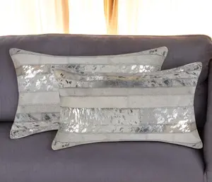 HomeRoots 544633 12 x 20 in. Gray & Silver Striped Cowhide Lumbar Throw Pillows with Glitter - Set of 2