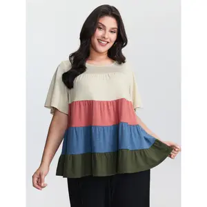 BloomChic Women's Plus Size Supersoft Colorful Stripes A-Line Short-Sleeve Knitting Spandex Fabric Garment Knit Top [M-6X] 2026 Summer Vibes Swimweek
