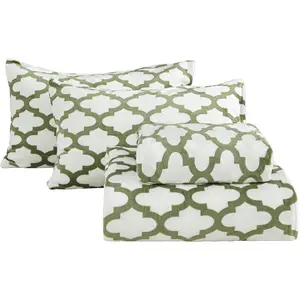Queen Micro, 4-Queen Size Sheet, Plush Velvet Sheet with 15" Deep Pocket Sheet, Flat Sheet, 2 Pillowcase, and Warm, Quatrefoil Green