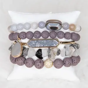 Glorious Grey Ghana Bracelet Set In Smokey Hue with Lava Rock & Druzy Stones