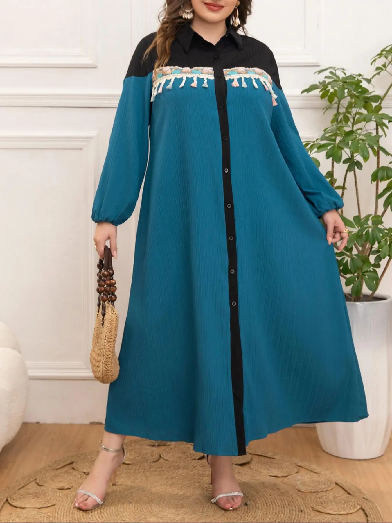 【Plus Size】 Colorblock Bishop Sleeve Button Front Tunic Dress, Elegant Long Sleeve Collared Dress for Fall & Winter, Women's Clothes for Daily Wear, P