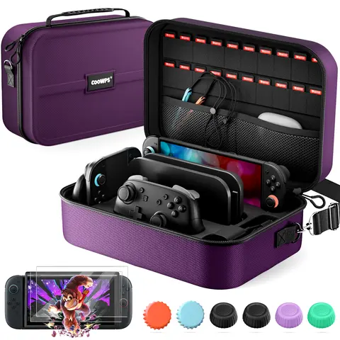 COOWPS Hard Shell Carrying Case Cover for Nintendo Switch 2 -2-Year Durability,  Adjustable Shoulder Strap, Zipper Closure,2 Screen Protectors, 6 Thumb Grips, 20 Game Card Slots, Starter and Deluxe Bundle are available,Travel Storage Accessory, Accessorie