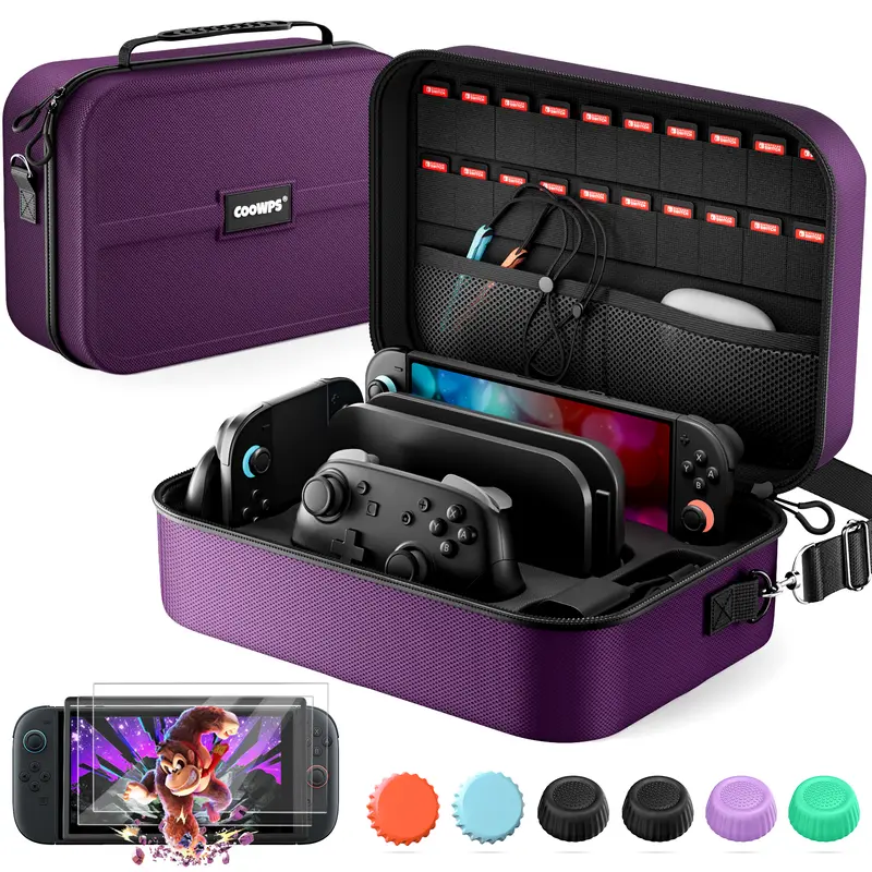 COOWPS Hard Shell Carrying Case Cover for Nintendo Switch 2 -2-Year Durability, Adjustable Shoulder Strap, Zipper Closure,2 Screen Protectors, 6 Thumb Grips, 20 Game Card Slots, Starter and Deluxe Bundle are available,Travel Storage Accessory, Accessorie
