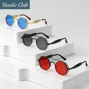 3-Pair Steampunk Round Sunglasses Set, Vintage Spring-Loaded Metal Frame, Gothic Double Bridge, Cosplay Party Accessories for Festivals, Costume Events