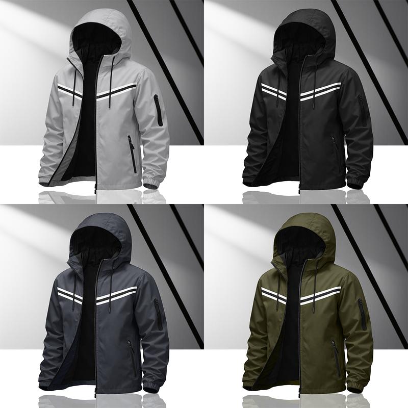 Men's double-strip reflective hooded racing jacket, light windproof fabric, zipper pocket, street function wind, daily commuting adaptation, trendy personality