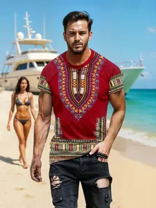 Men's African Style Dashiki Print Short Sleeve T-Shirt, Patterned Polyester Fabric with Fitted Cut, Ideal for Summer Festivals and Casual Wear