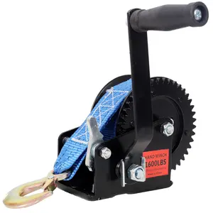 Heavy Duty Hand Winch, 1600LBS Capacity, 26FT Blue Strap, 4.1:1 Gear Ratio, 2-Way Ratchet, Portable Manual Crank for Trailer, Boat Towing, Vehicle Towing Tool