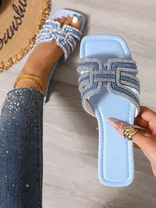 Women's Light Sequined Cross-Band Flat Sole Sandals, Comfortable PU Leather Summer Beach Party Footwear for Casual Outings, Elegant Classy Sandals