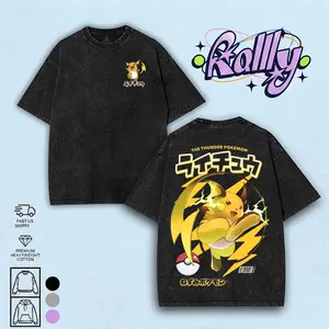 Vintage Raichu Anime Double Oversized Washed Tee Unisex Anime Lover Cotton Fabric men gifts merch Stylish Clothes Streetwear Relaxed FitS