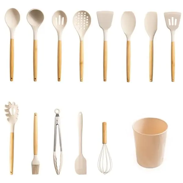 14 Pcs Silicone Kitchen Utensil Set with Holder, Bamboo Handle Cooking Utensils, Heat Resistant 428°F Non-Scratch Tools for Nonstick Cookware, Spatula Whisk Tongs Ladle, BPA-Free