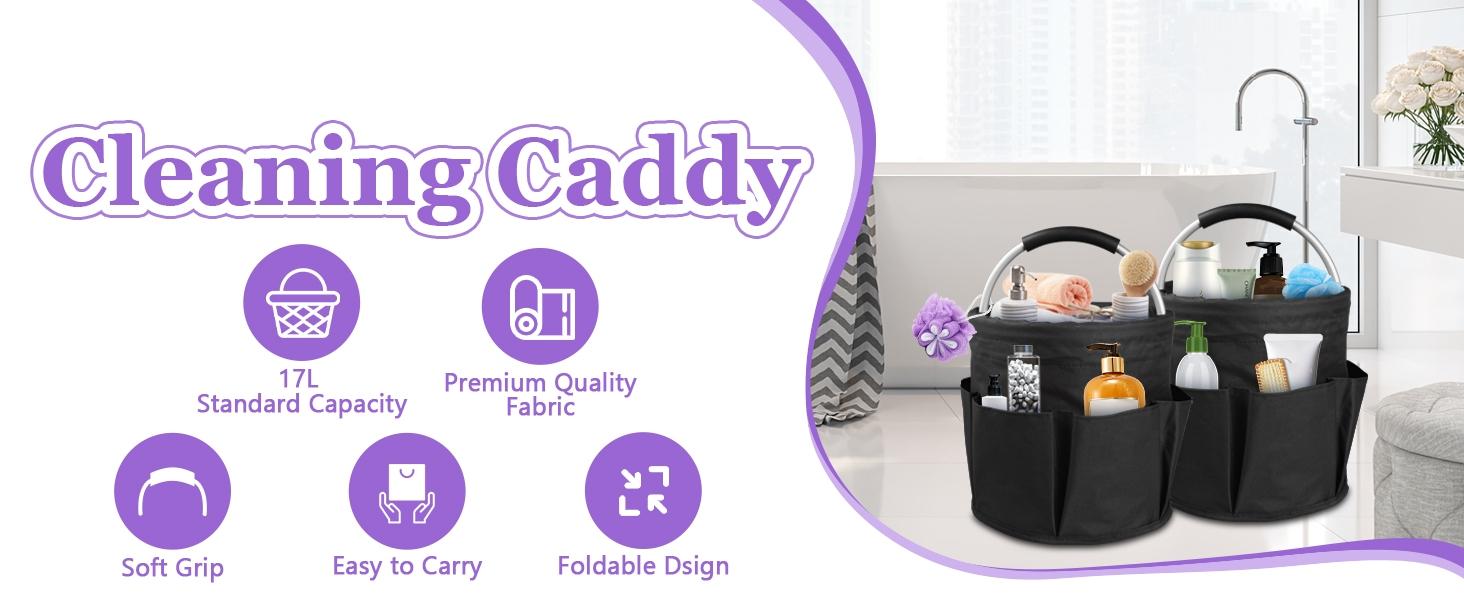2Pcs Collapsible Cleaning Caddy with Handle, 17L Foldable Cleaning Supply Caddy, Bucket Tool Organizer in 600D Oxford Fabric, Multifunctional Storage Basket for Cleaning, Traveling, Black