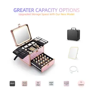Qislee Portable Makeup Box, Cosmetic bag with Detachable LED Mirror, Waterproof Travel Makeup Case, Cosmetic Organizer with Adjustable Dividers