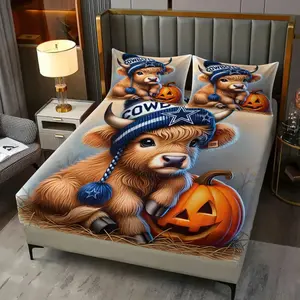 Cute Highland Cow Fitted Sheet Set (3 Pcs): Includes 1 Fitted Sheet + 2 Pillowcases (No Filler), with Holiday Floral Cow, for Bedroom Bed, Homestay Kids' Apartment Holiday Room Bed, for Kids, Couples, Family, Friends, Animal Lovers, Holiday Gift Givers