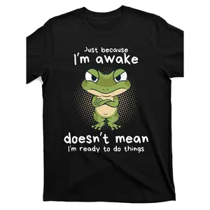 Funny Frog Graphic Tee - "Just Because I'm Awake Doesn't Mean I'm Ready" Saying T-Shirt for Men, Relaxed Fit Black Cotton Shirt with Green Frog, Soft Lounge Wear & Humorous Gift for Adults Casual Crewneck
