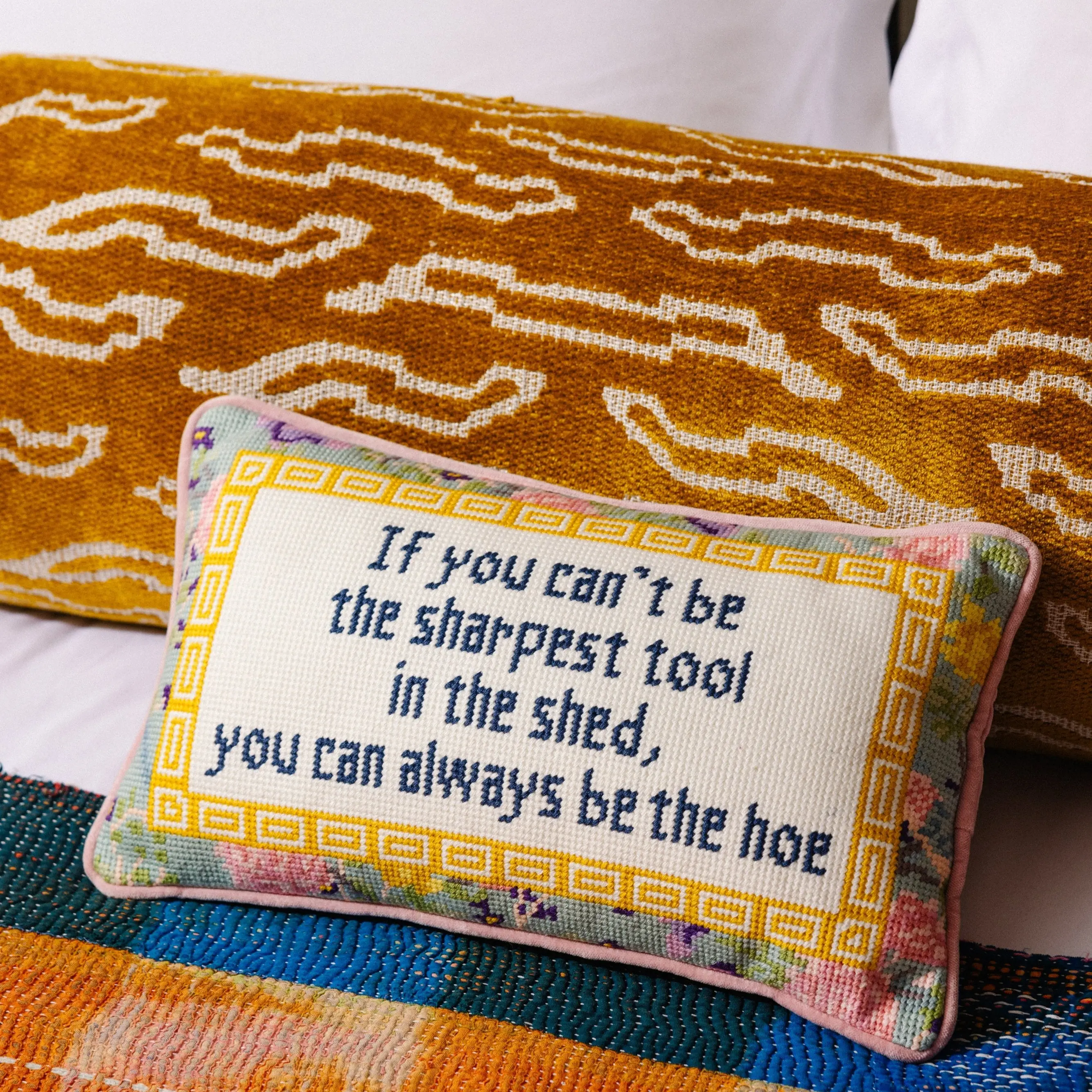 Velvet Embroidery Needlepoint Pillow, Vibrant Decorative Accent for Bedding & Living Spaces