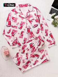 Women's Two-Piece Set Bottle Bowknot Leopard Pattern Sleepwear, Loose Lightweight Button-Up Long Sleeve Top & Pants, Sweet Style Spring Fall, Pajama Set, Loungewear