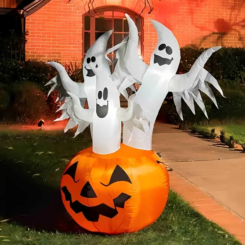 6-foot Halloween inflatable decoration featuring three ghosts emerging from a giant pumpkin, waterproof yard decor with built-in bright LED lights, perfect for spooky outdoor holiday parties in gardens, lawns, and patios
