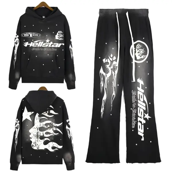 Hellstar Oversized 2-Piece Hooded Tracksuit Set for Men, Casual Street Style Solid Pullover Sweatshirt & Jacket, Daily Wear Sports Clothing