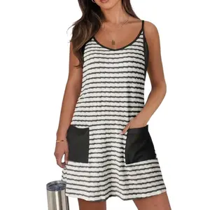 Women's Athletic Romper Dress | Casual Striped Exercise Dress with Pockets Sleeveless Activewear Jumpsuit for Tennis