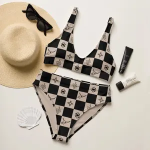 Punchy Checkered Western Bikini Set Western Checkered High Waist Bikini Set Women Southwestern Bull Skull Snake Zia Sun Print Swimsuit Beach Festival Summer Vacation Retro Two Piece Bathing Suit Boho Chic Swimwear